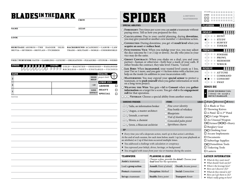 Blades in the Dark Character Sheets, Page 8