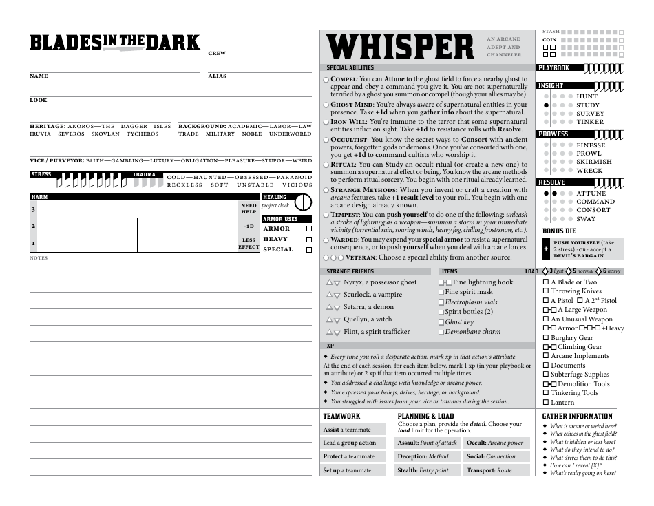 Blades in the Dark Character Sheets, Page 9