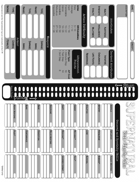 Supernatural Role Playing Game Character Sheet