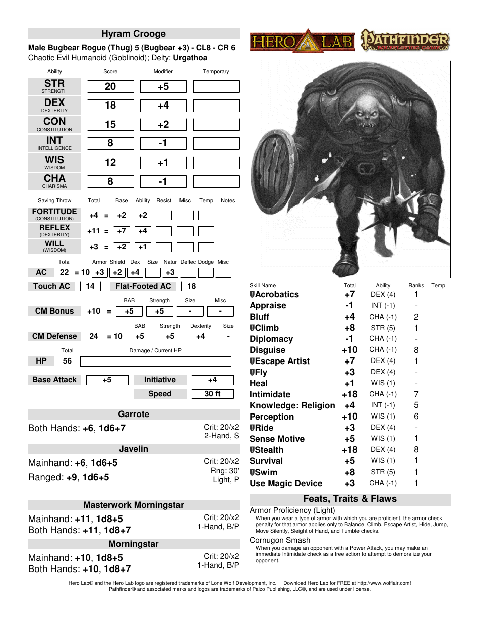 Example image preview of an immaculately designed male Bugbear Rogue character sheet for Pathfinder role-playing game