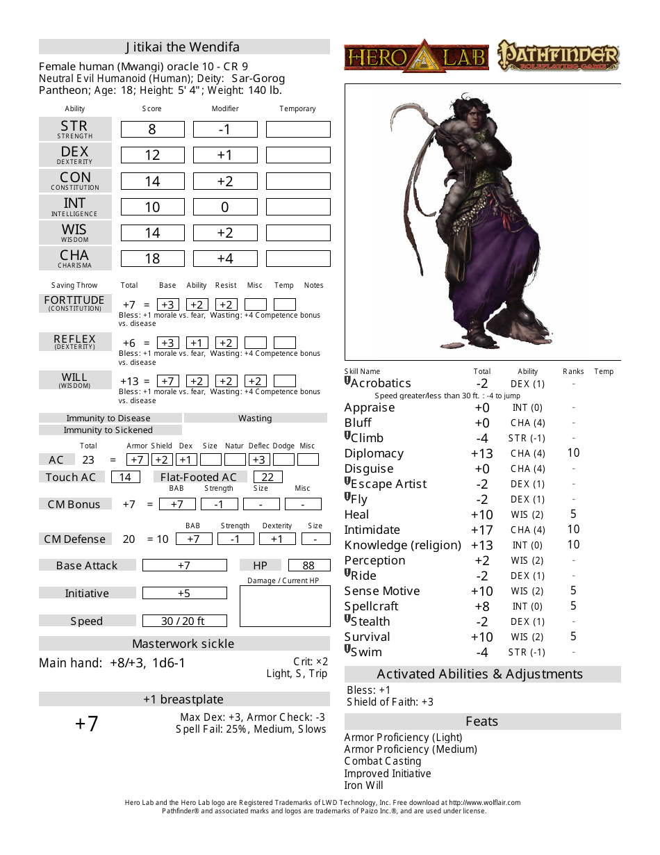Pathfinder Female Human Oracle Character Sheet - Download a free character sheet template for your female human Oracle character in the Pathfinder role-playing game.