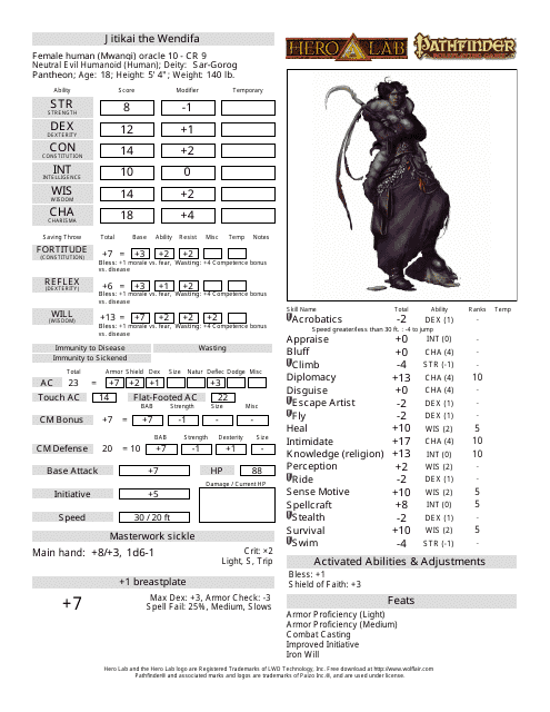Pathfinder Female Human Oracle Character Sheet