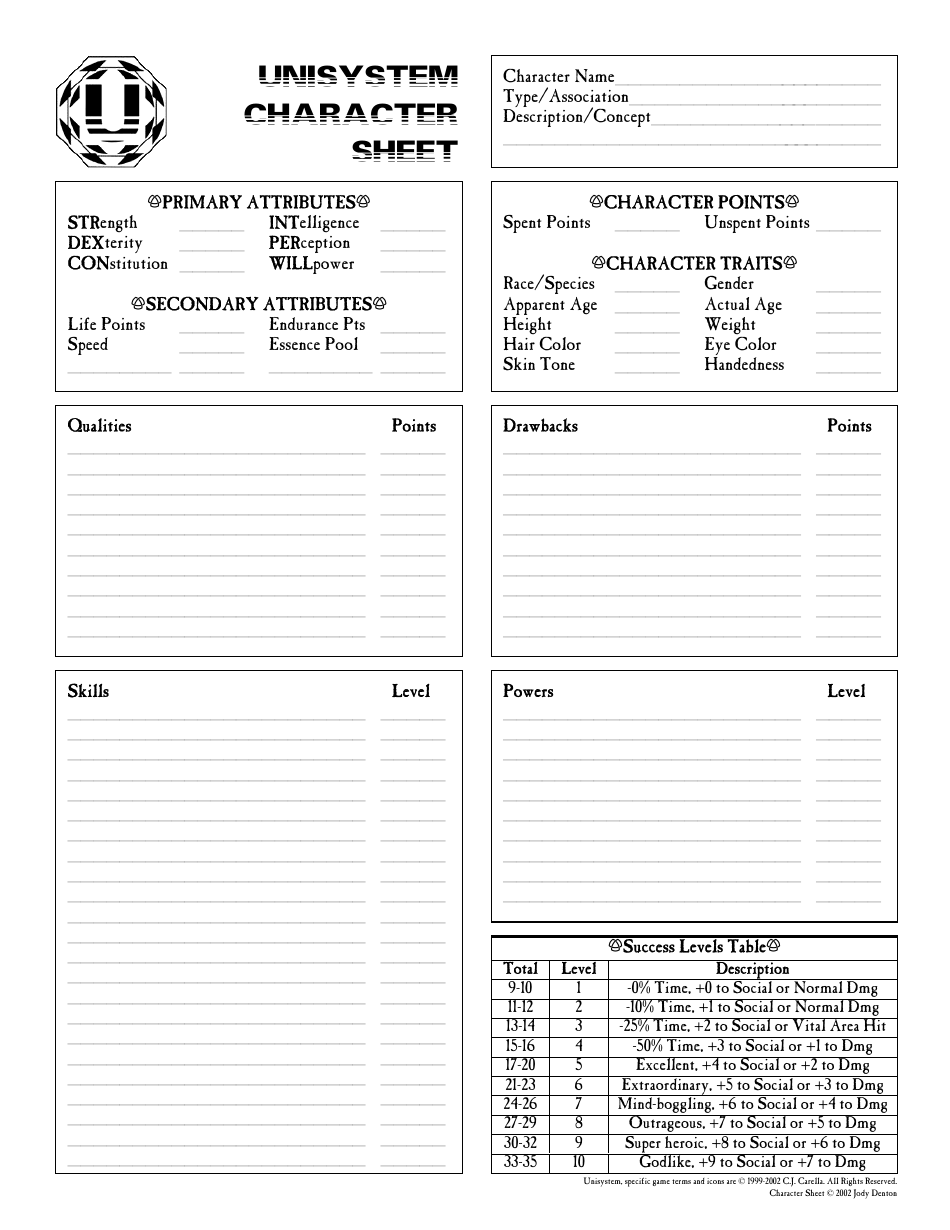 Unisystem Character Sheet Preview Image