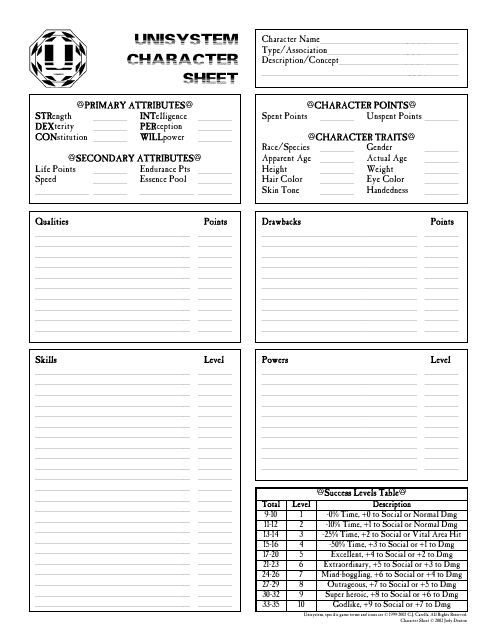 Unisystem Character Sheet Preview Image