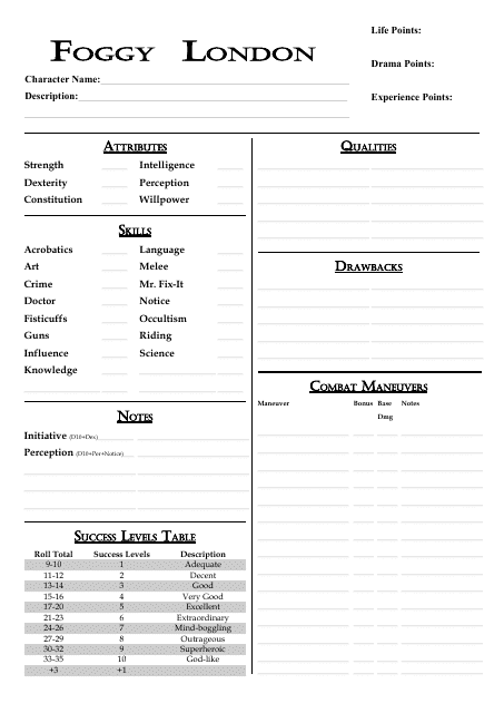 Character Sheet for Foggy London Role-Playing Game