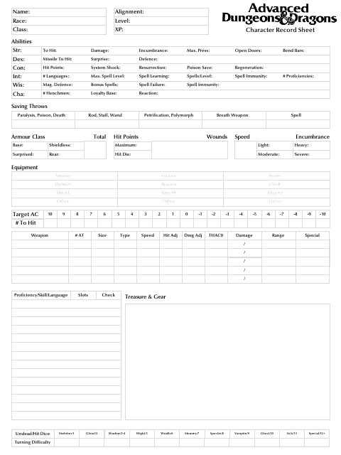 Advanced Dungeons & Dragons Character Record Sheet