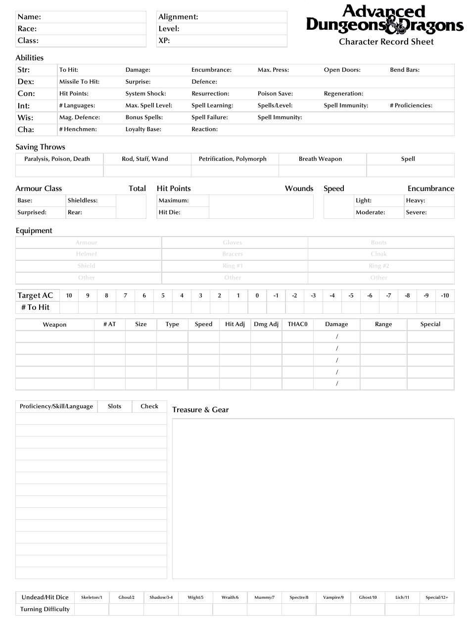 Advanced Dungeons & Dragons Character Record Sheet Download Printable PDF Templateroller