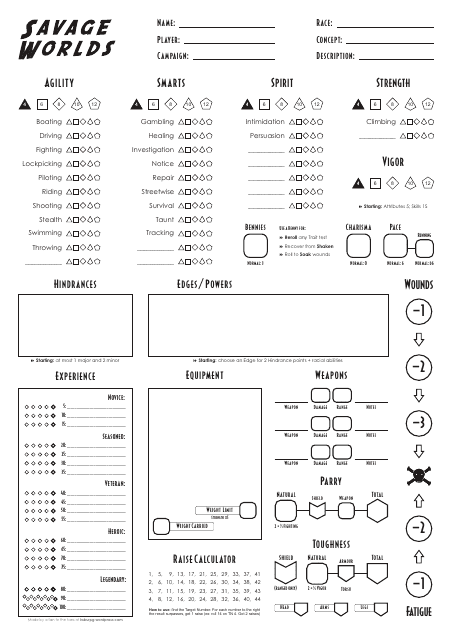 Savage Worlds Fan Made Character Sheet - Preview image of document