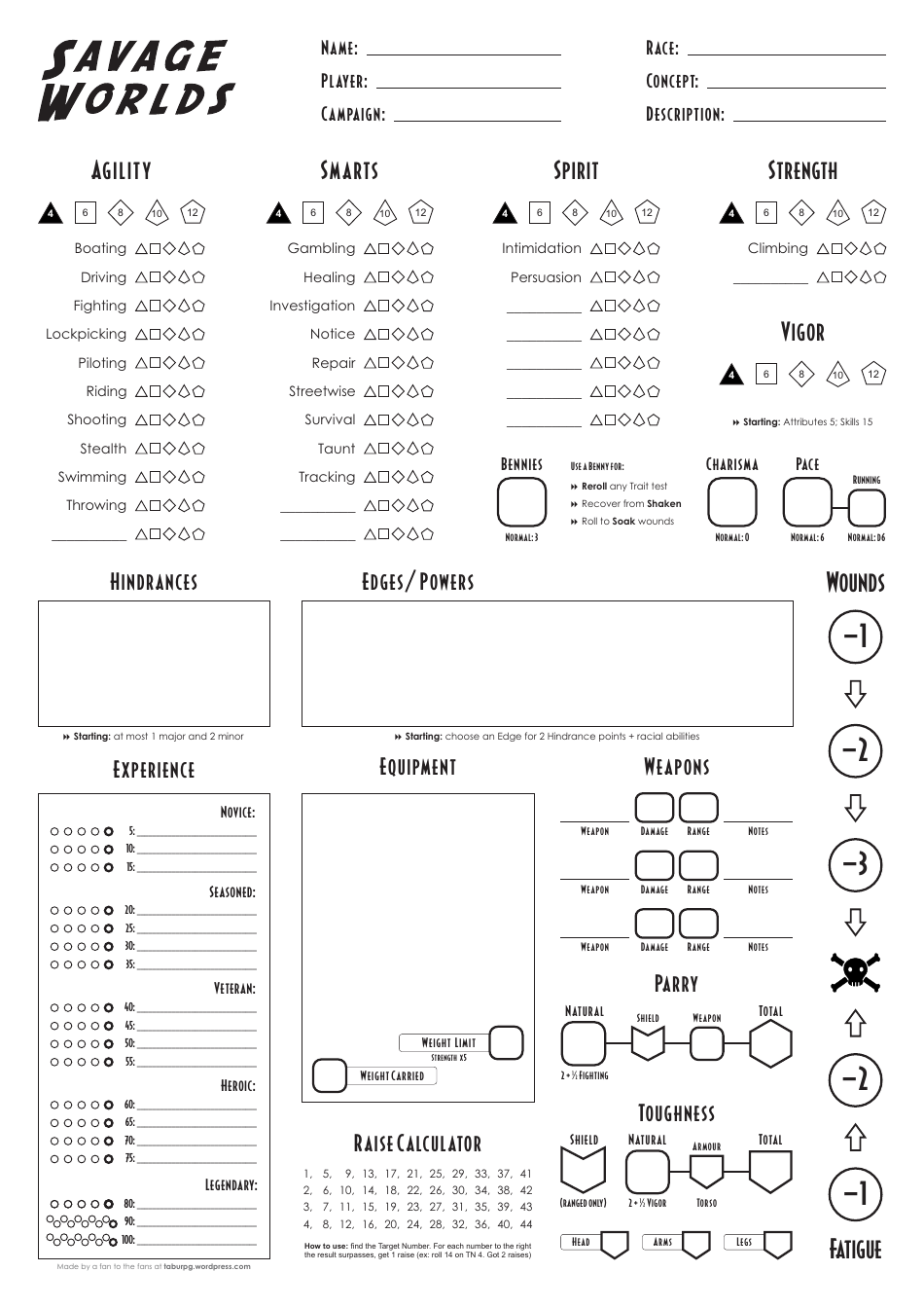 Savage Worlds Fan Made Character Sheet Download Printable PDF ...