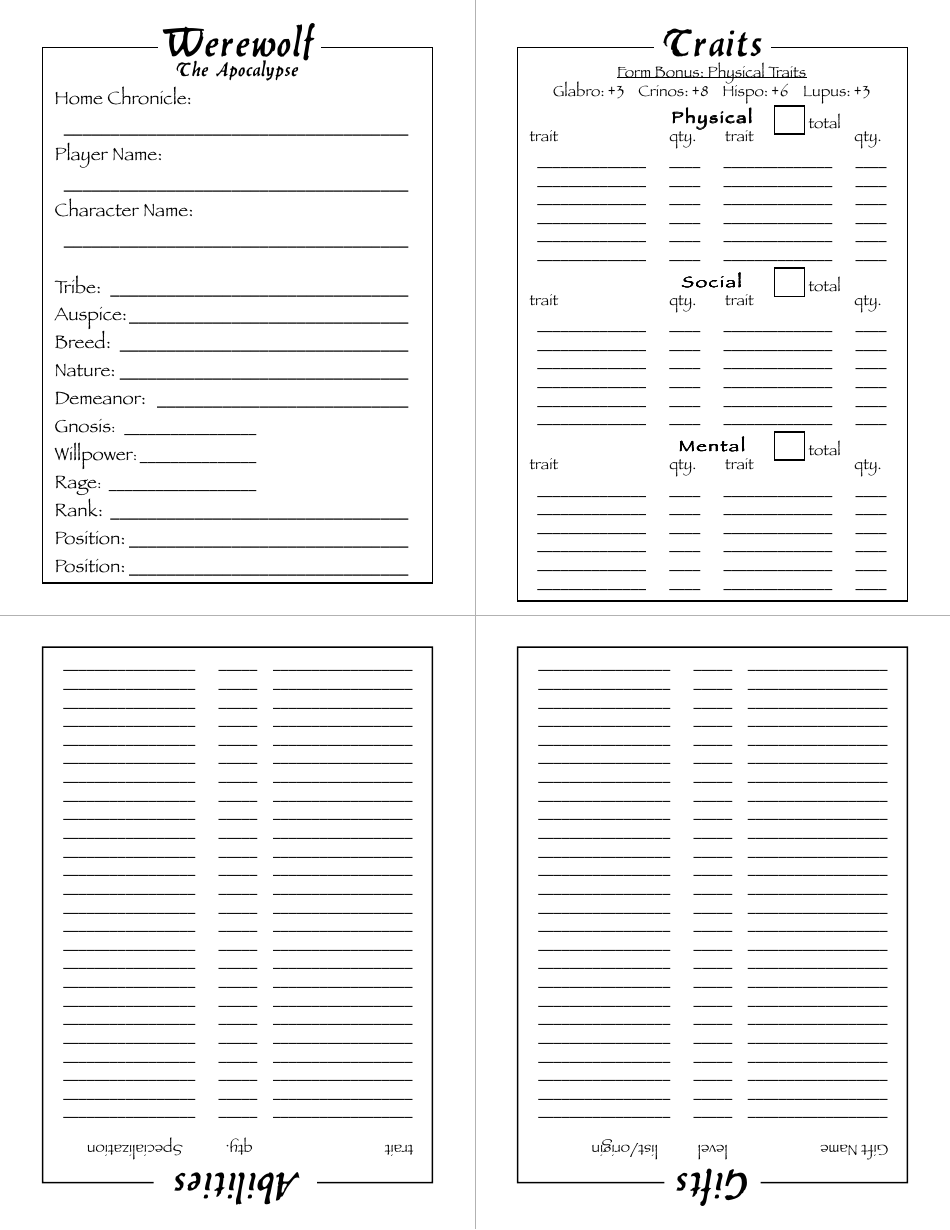 Werewolf the Apocalypse character sheet with tables