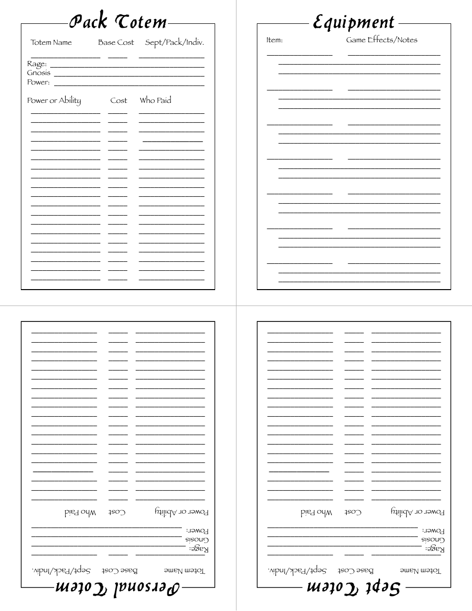 Werewolf the Apocalypse Character Sheet - Tables, Page 4