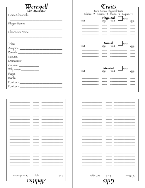 Werewolf the Apocalypse Character Sheet - Tables