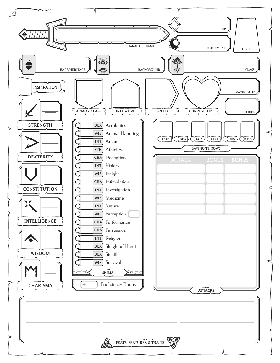 D&amp;d 5e Character Sheet for Call to Adventure Epic Origins