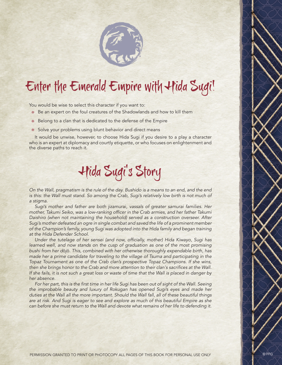 Legend of the Five Rings Hida Sugi Character Sheet, Page 8