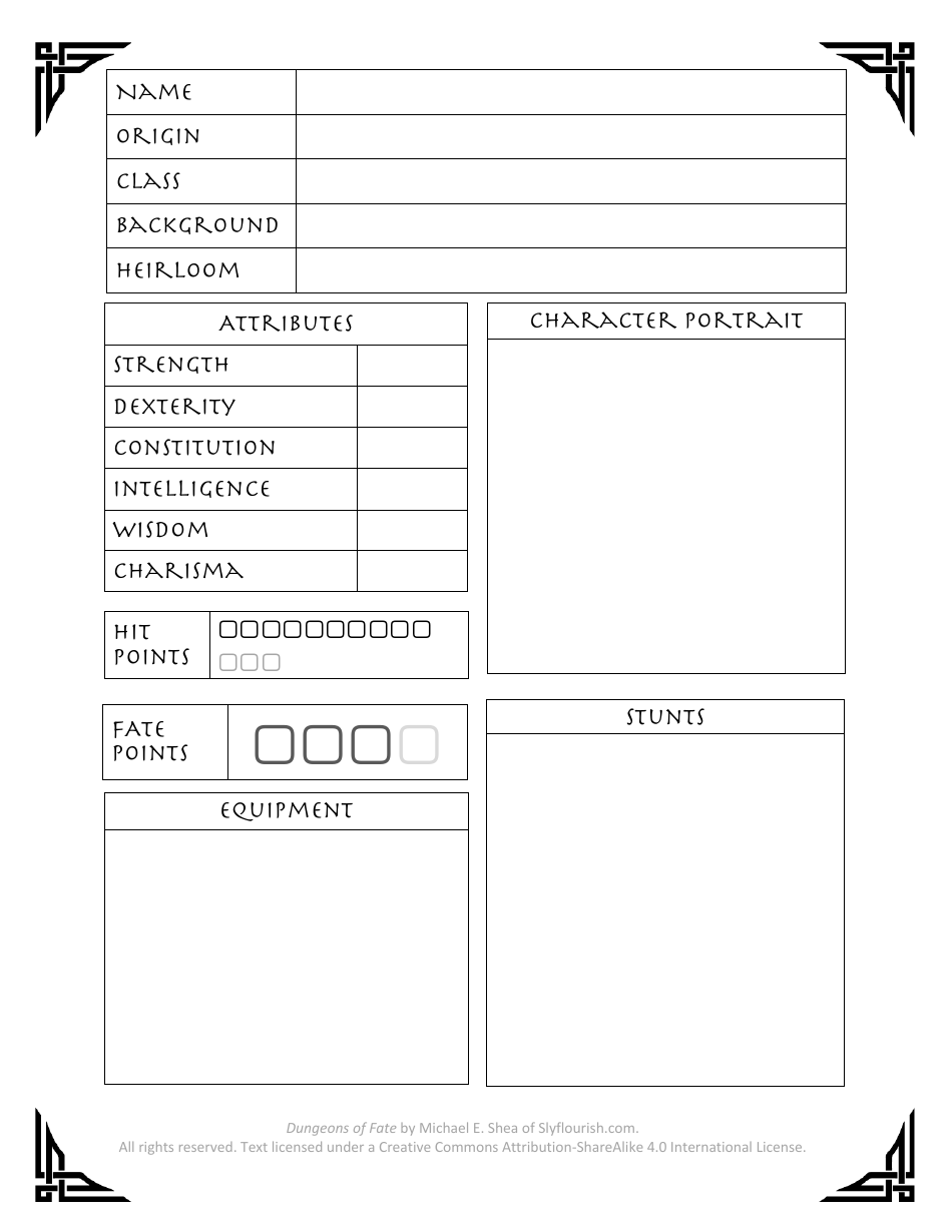 Dungeons of Fate Character Sheet, Page 3