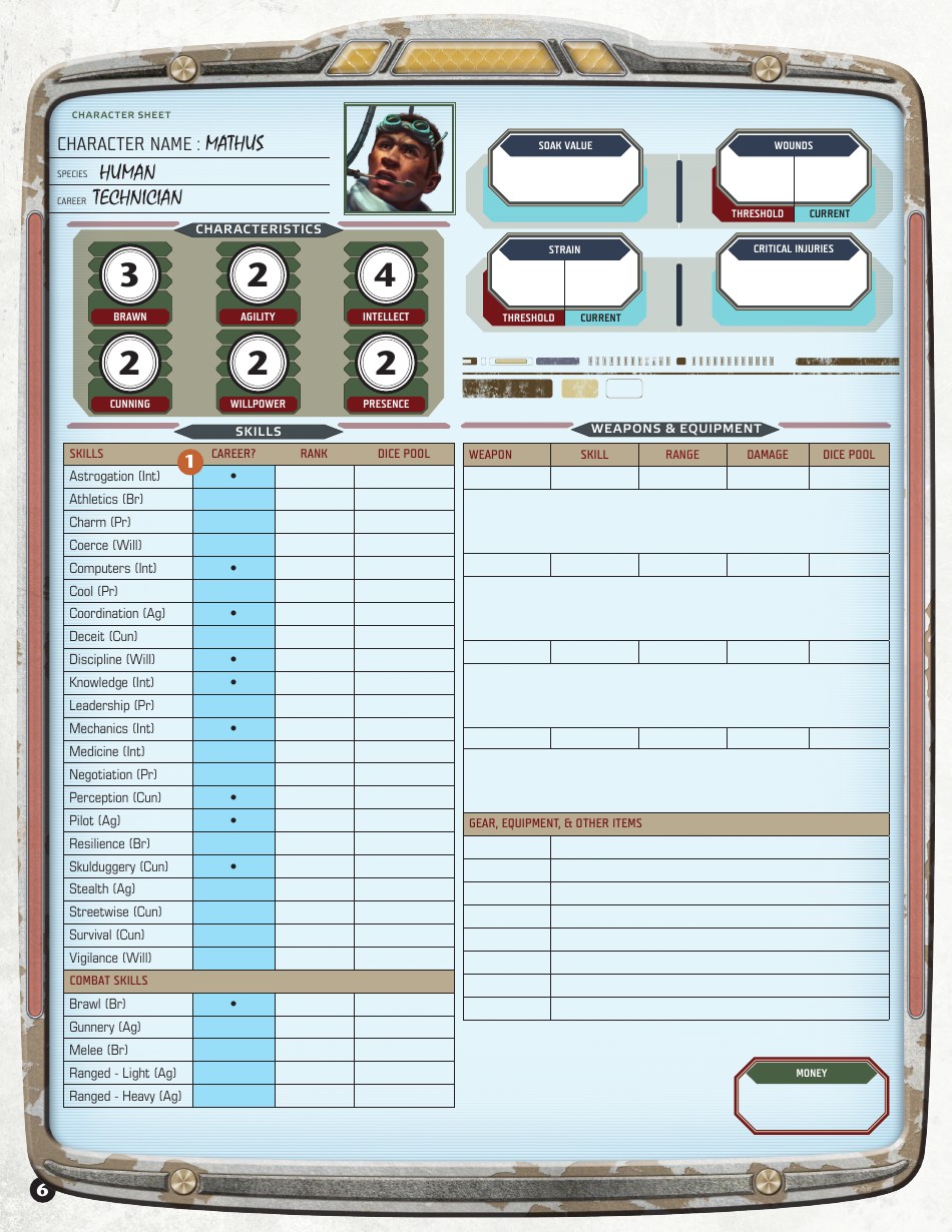 Star Wars Edge of the Empire Technician Mathus Character Sheet, Page 6