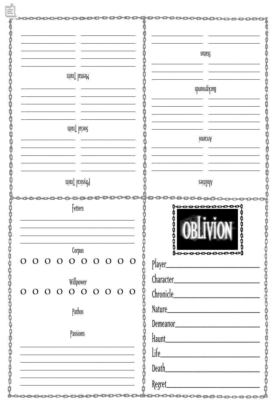 The Elder Scrolls Oblivion Character Sheet Download Printable PDF ...