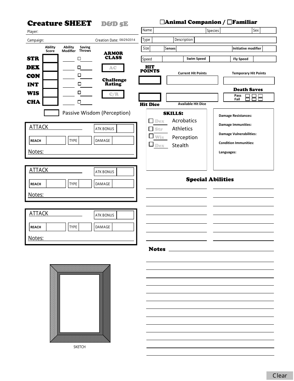 D&d 5e Creature Sheet Download Fillable PDF Templateroller