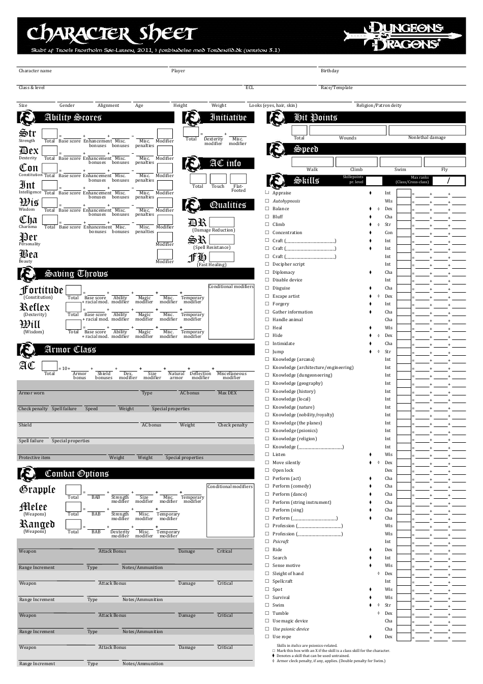 Dungeons and Dragons (D&D) character sheet template
