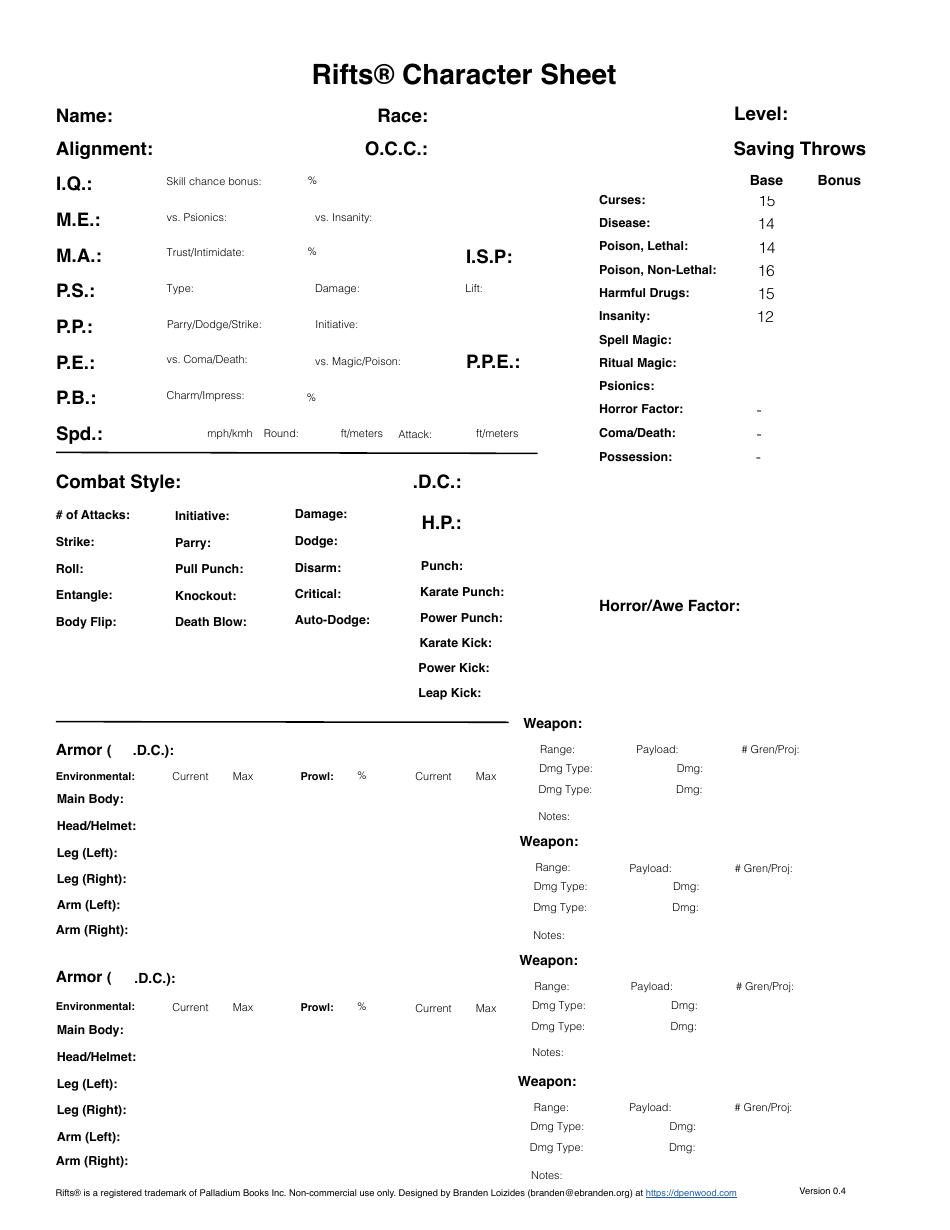 Rifts Character Sheet - Preview Image