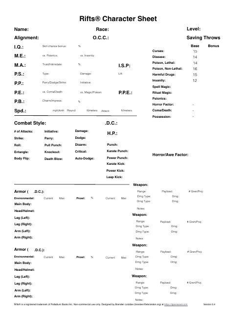 Rifts Character Sheet - Preview Image