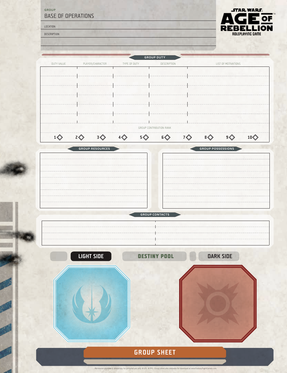Star Wars Age of Rebellion Base of Operations Group Sheet
