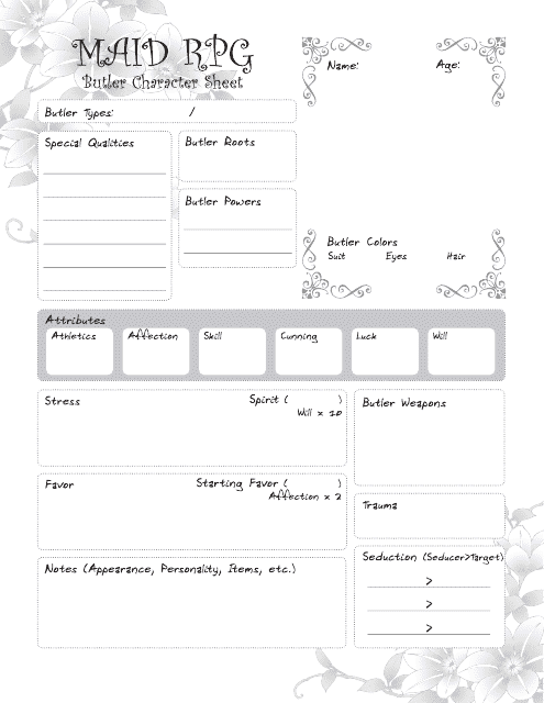 Image preview of the Maid RPG Butler Character Sheet