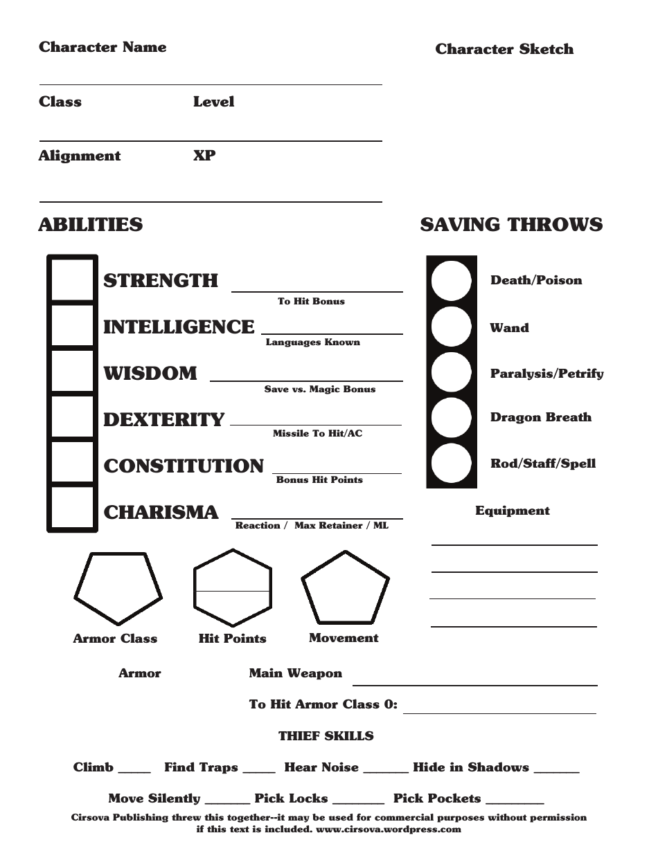 B/X D&d Fighter/Thief Character Sheet Download Printable PDF ...