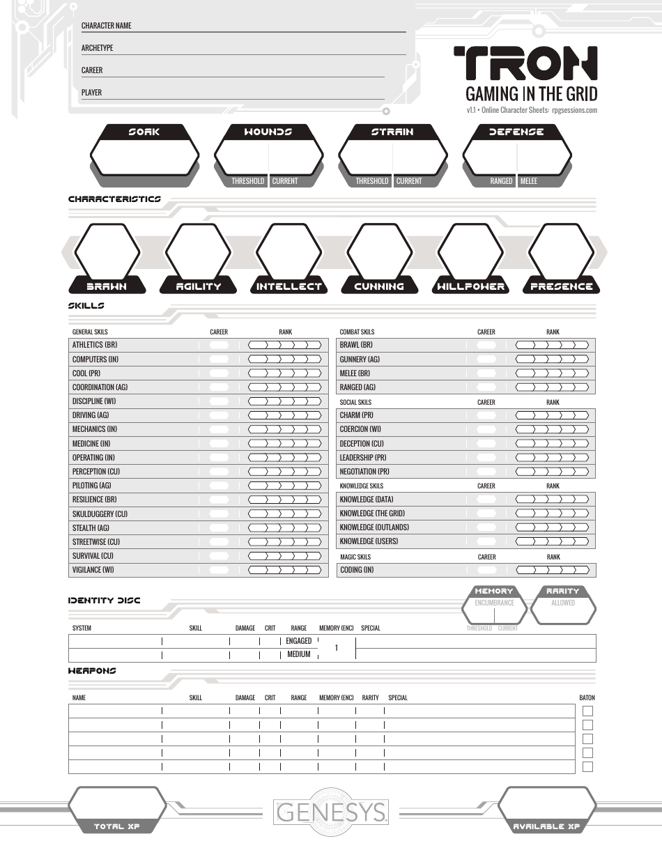 Tron Role Playing Game Character Sheet - Sample Image Preview