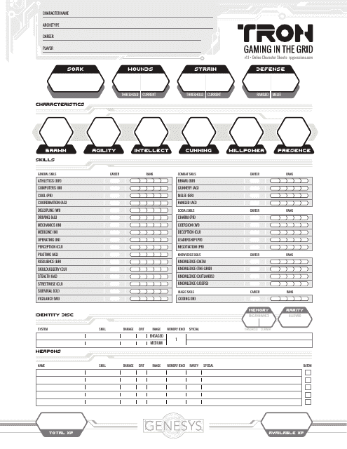 Tron Role Playing Game Character Sheet