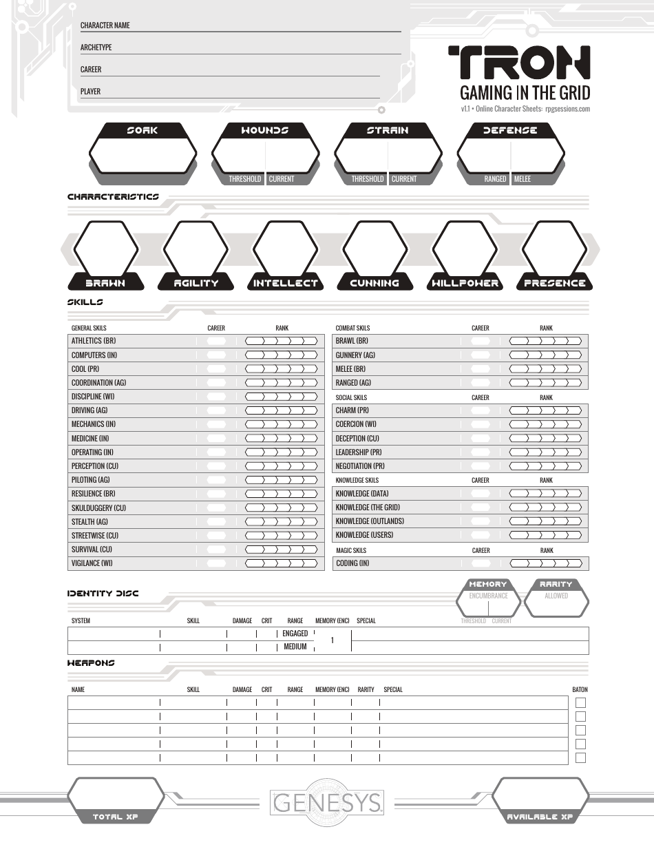 Tron Role Playing Game Character Sheet Download Printable PDF ...