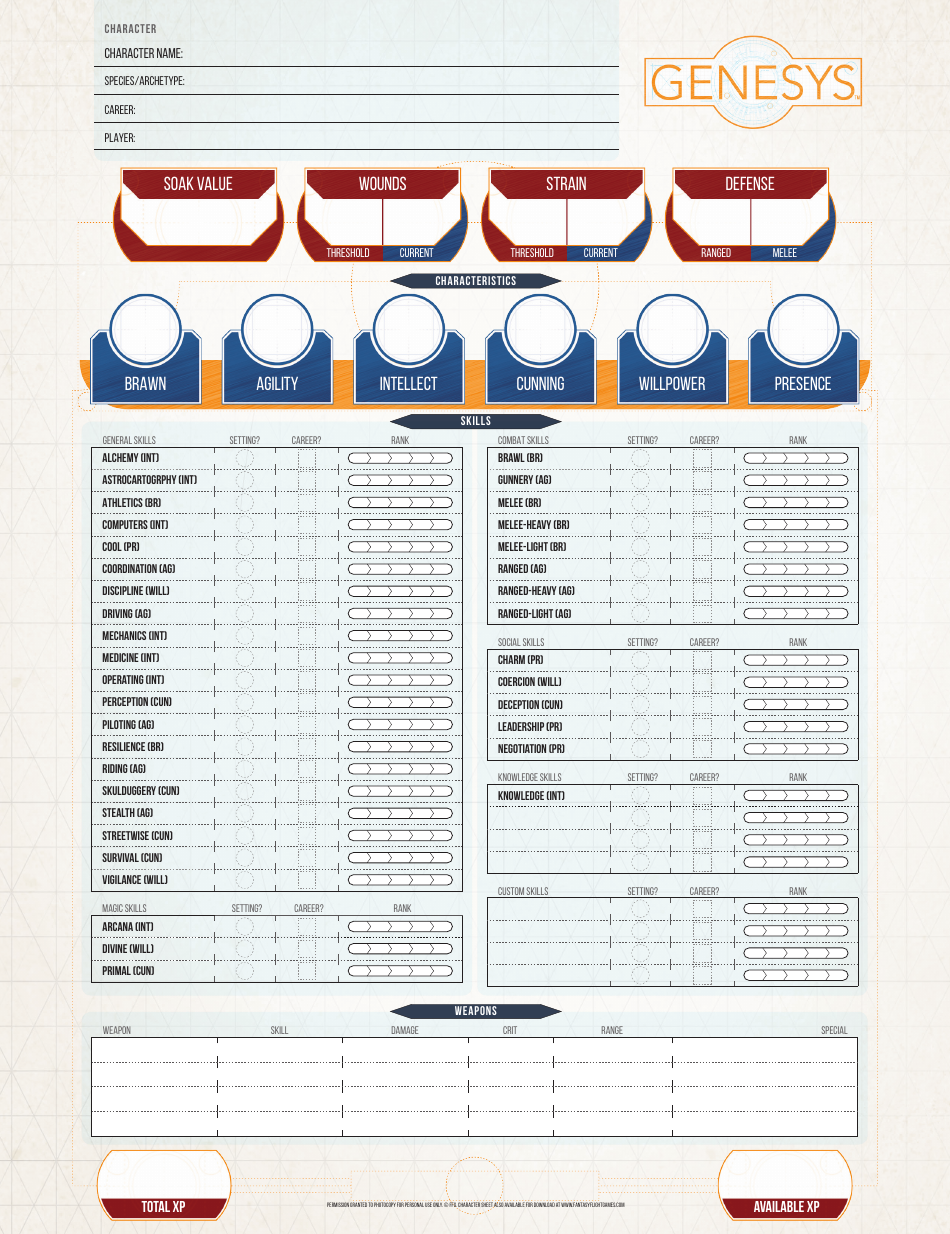 Genesys Character Sheet Download Printable PDF | Templateroller