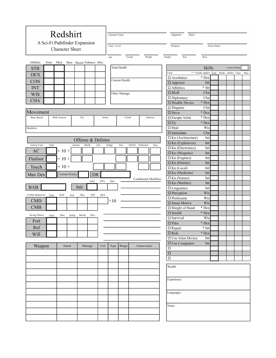 Pathfinder Character Sheet Redshirt Download Printable PDF