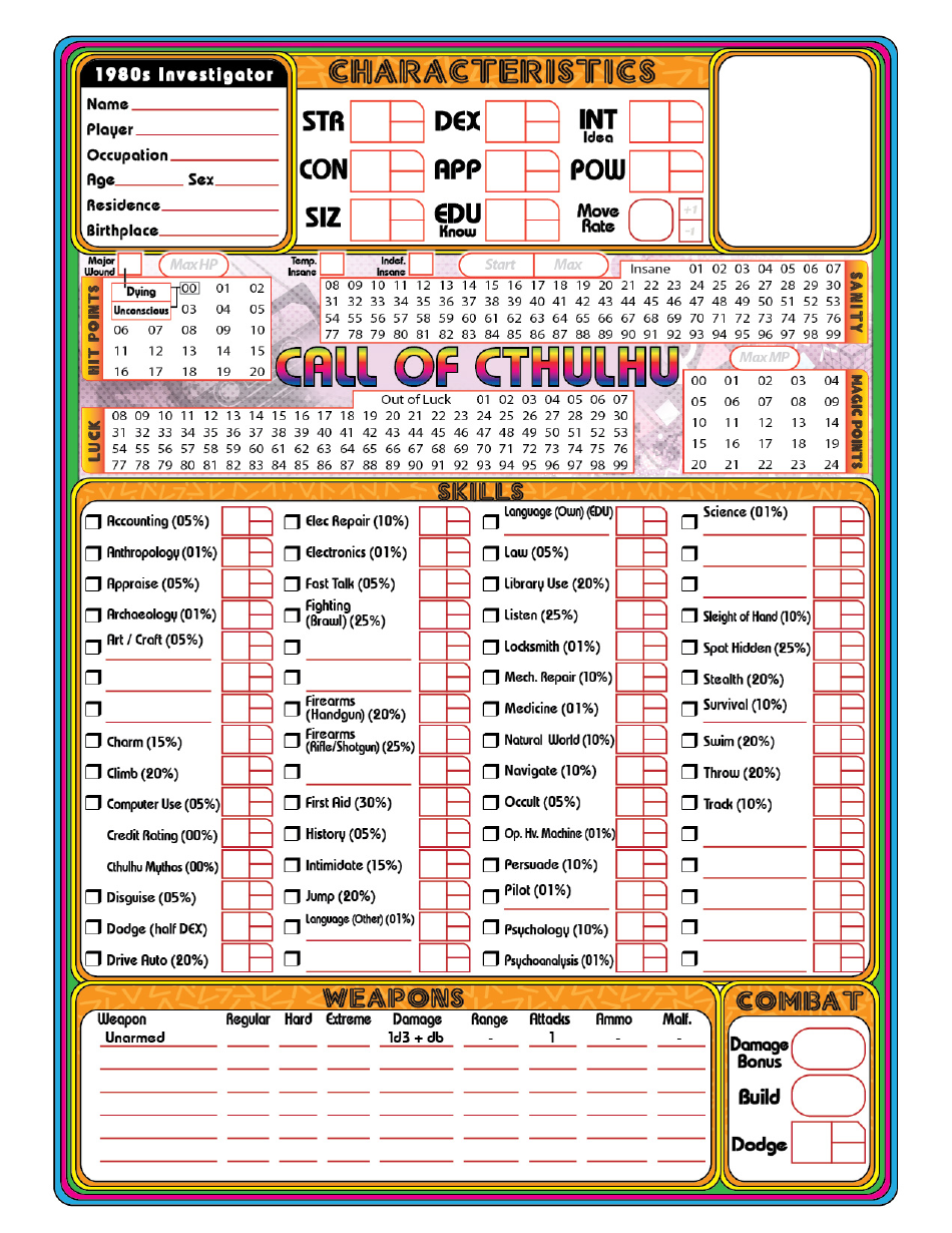 Call of Cthulhu 1980s Investigator Character Sheet Download Printable ...