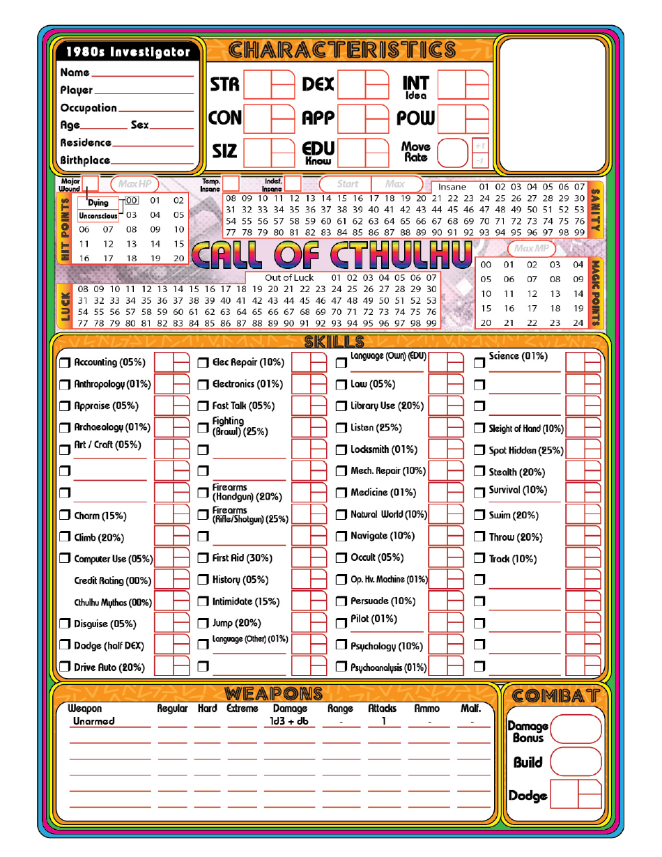 Call of Cthulhu 1980s Investigator Character Sheet Preview