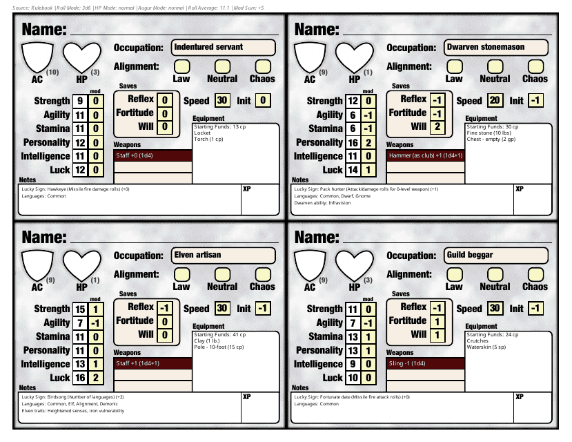 Dungeon Crawler Classics Four-Character Tourney Sheet