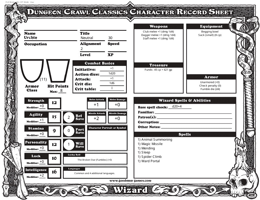 Dungeon Crawl Classics Wizard Character Sheet - Preview Image