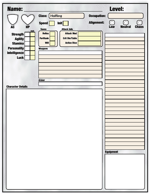 DCC Character Sheet - A versatile and detailed character template for Dungeon Crawl Classics.