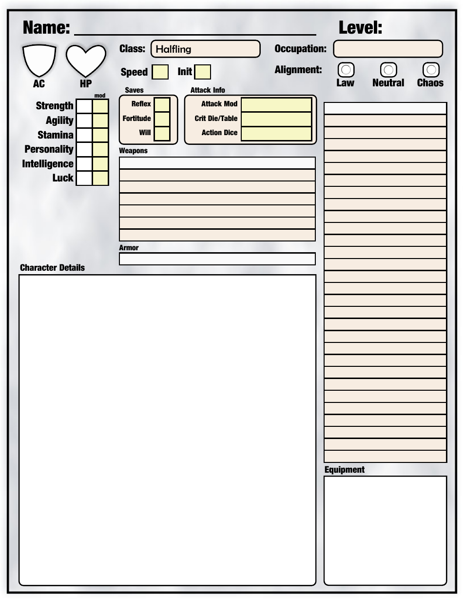 DCC Character Sheet - A versatile and detailed character template for Dungeon Crawl Classics.