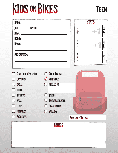 Preview of Kids on Bikes Teen Character Sheet