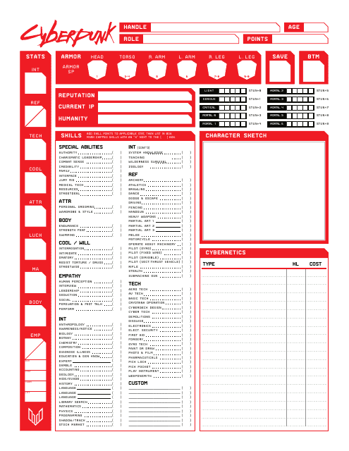 Cyberpunk Character Sheet showing vivid and dynamic gameplay