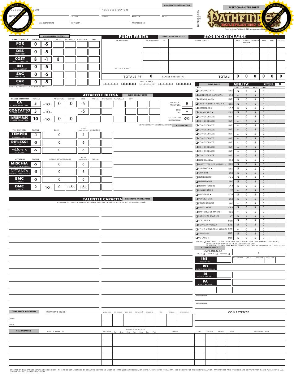 A preview image of the Pathfinder Character Sheet (Italian) document.