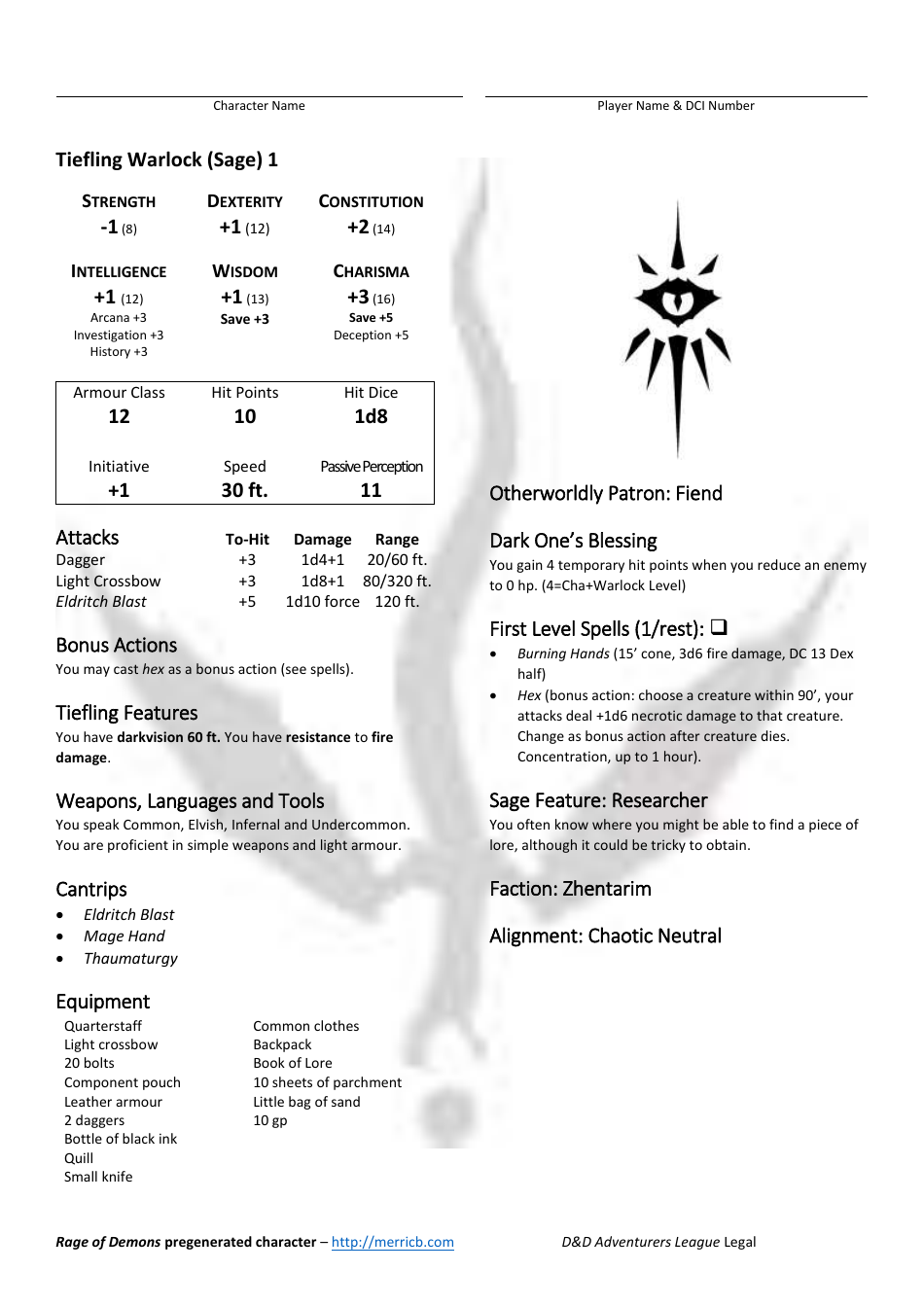 D&amp;d Tiefling Warlock (Sage) Character Sheet - Rage of Demons Download Printable PDF | Templateroller