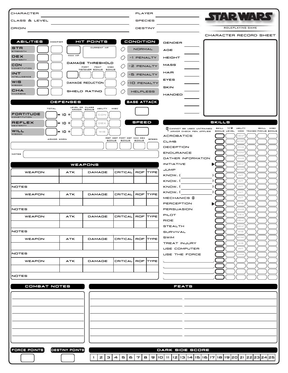 Star Wars Roleplaying Game Character Record Sheet - Template/image preview