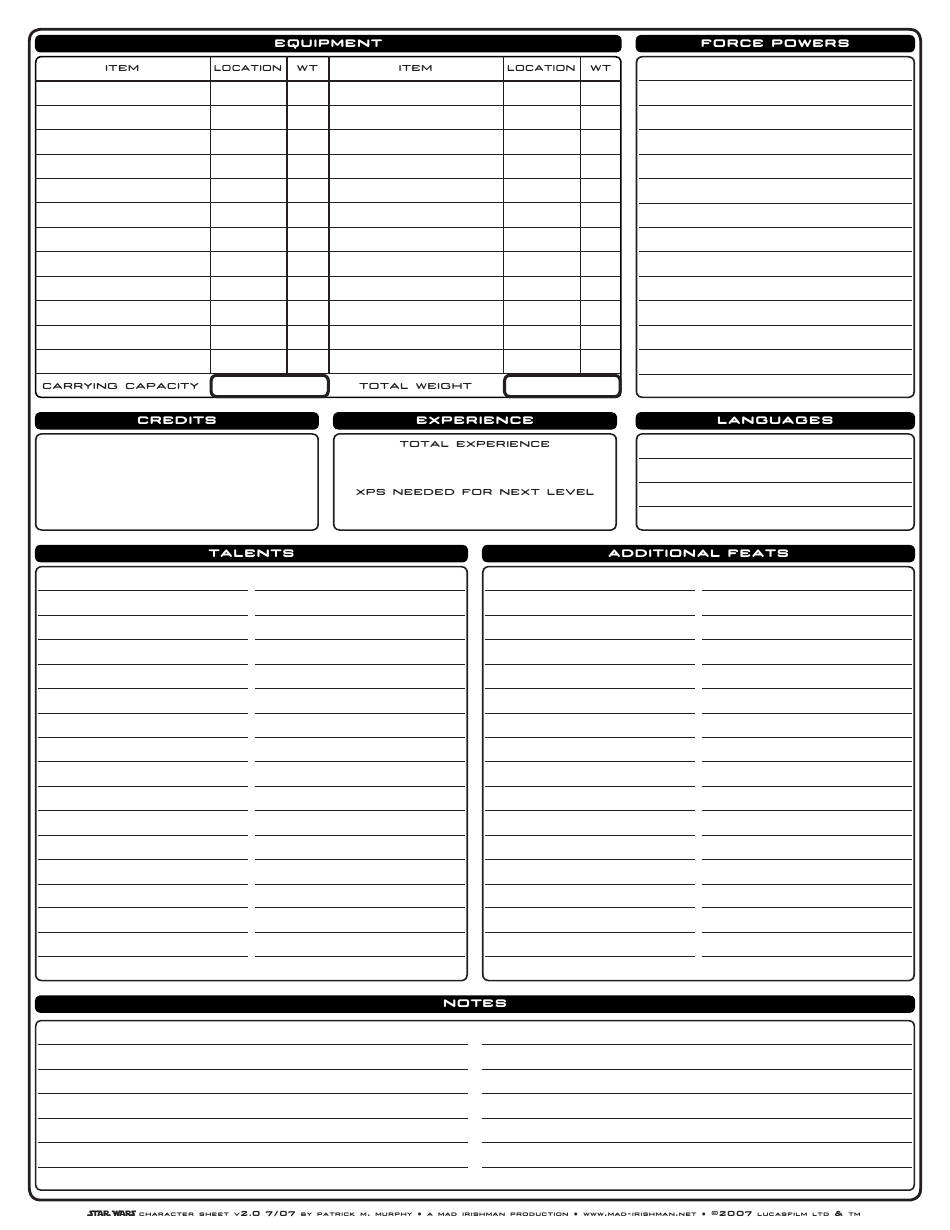 Star Wars Roleplaying Game Character Record Sheet Download Printable ...