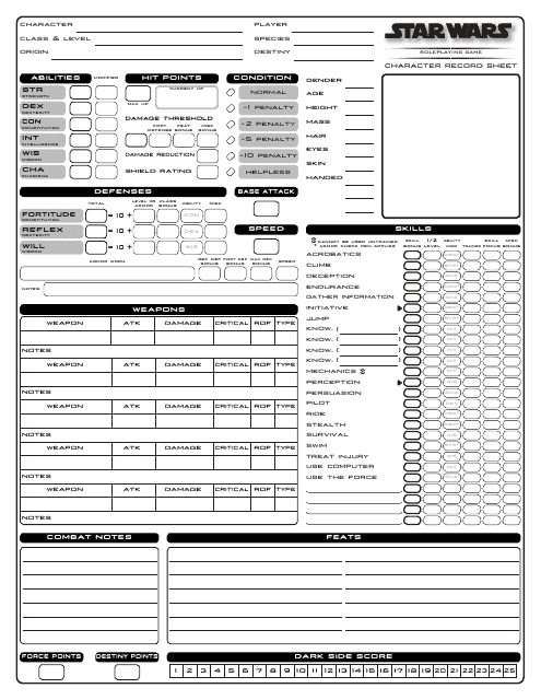 Star Wars Roleplaying Game Character Record Sheet - Template/image preview