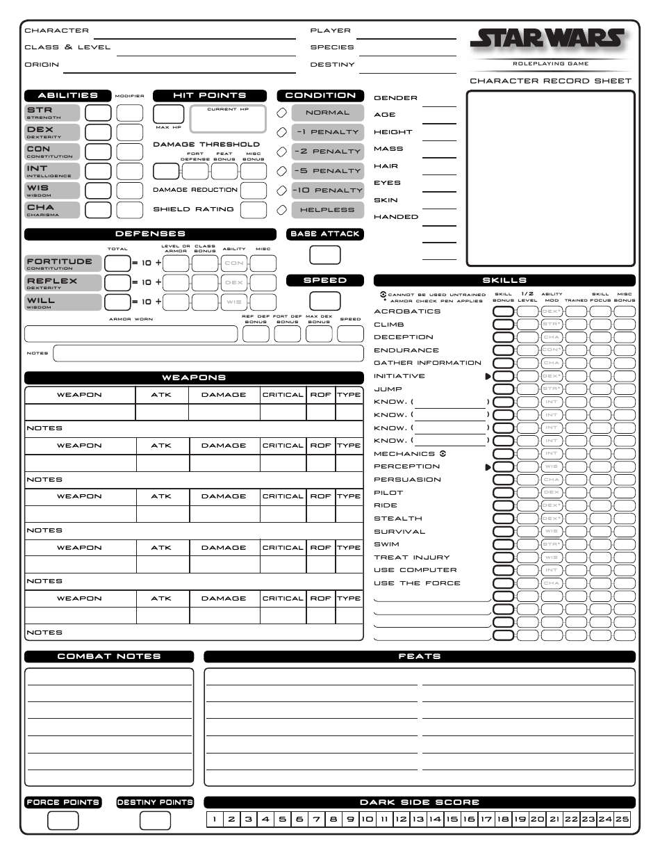 Star Wars Roleplaying Game Character Record Sheet Download Printable ...