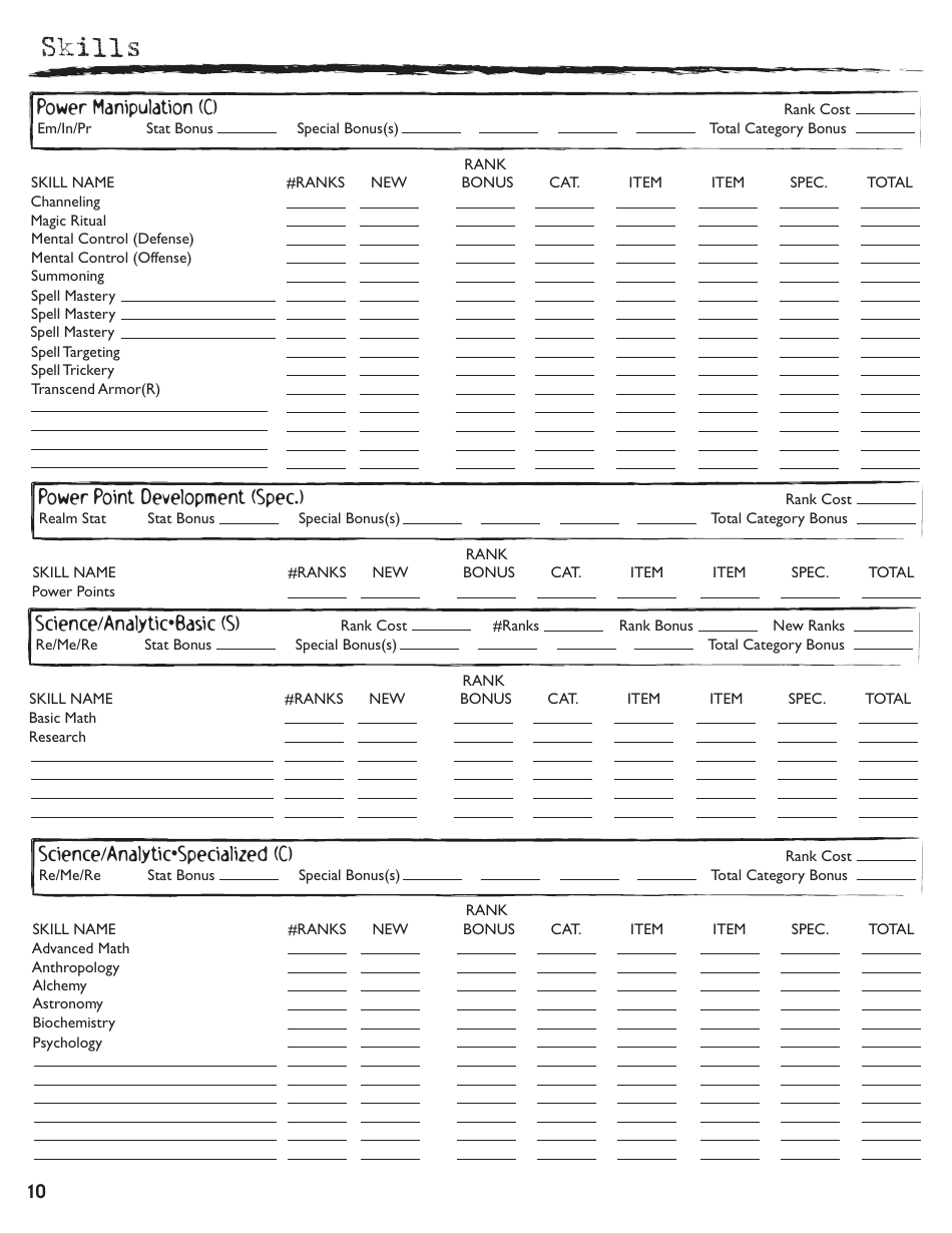 Rolemaster Character Sheet, Page 10