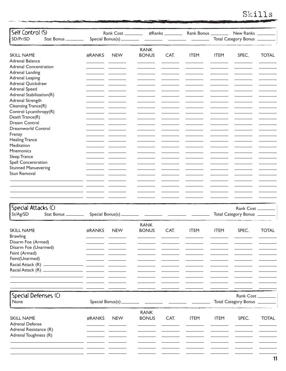 Rolemaster Character Sheet, Page 11
