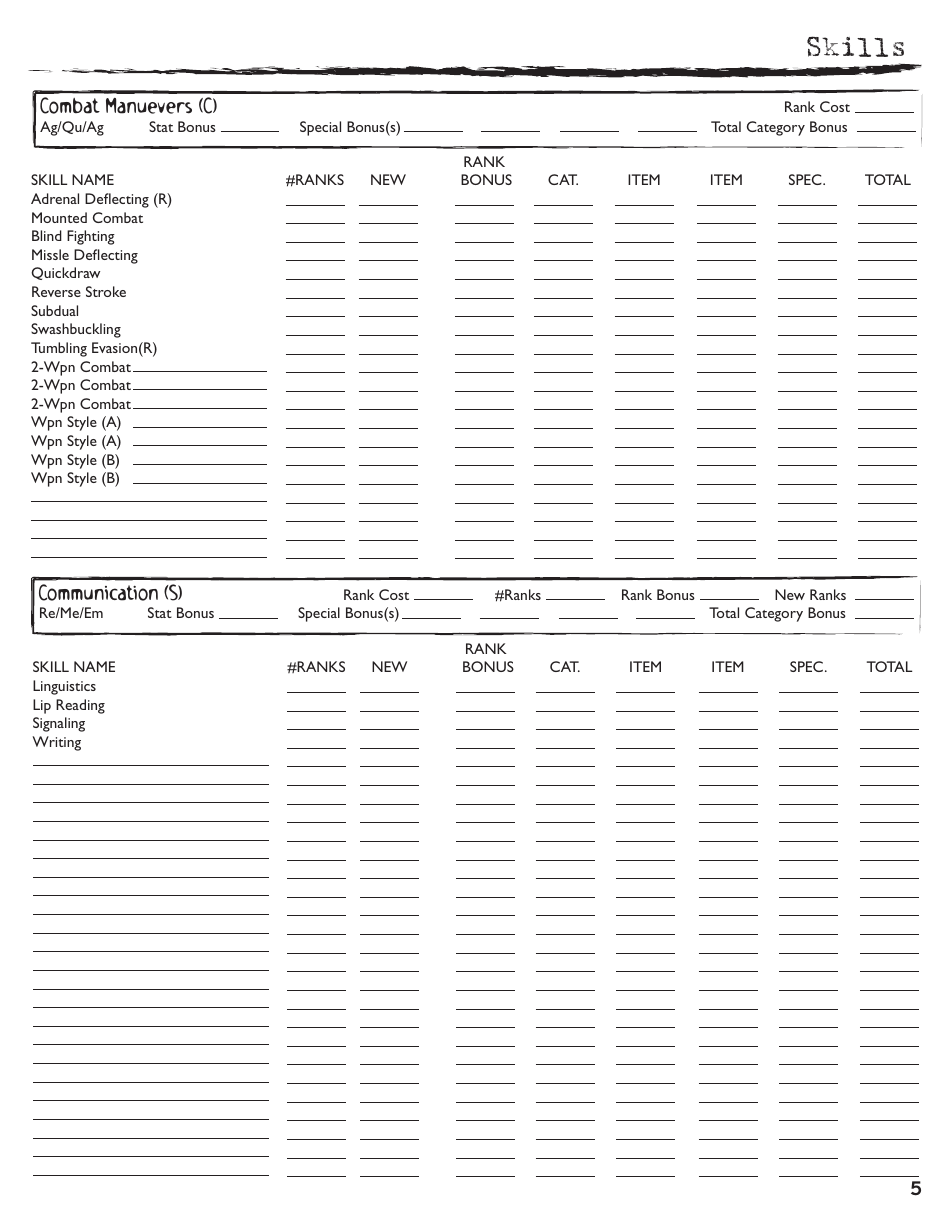 Rolemaster Character Sheet, Page 5
